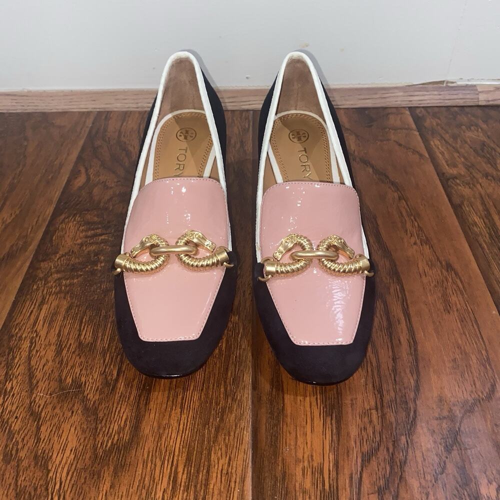 TORY BURCH Jessa Mid Heel Pump Loafers 5 Black Suede Pink Leather Slip On Gold - Picture 3 of 9